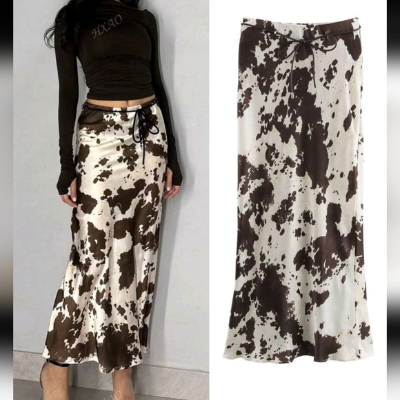 Dresses & Skirts - Women Print Midi Skirts With Belt Ruffles Fashion Animal Print Satin Women's Ski